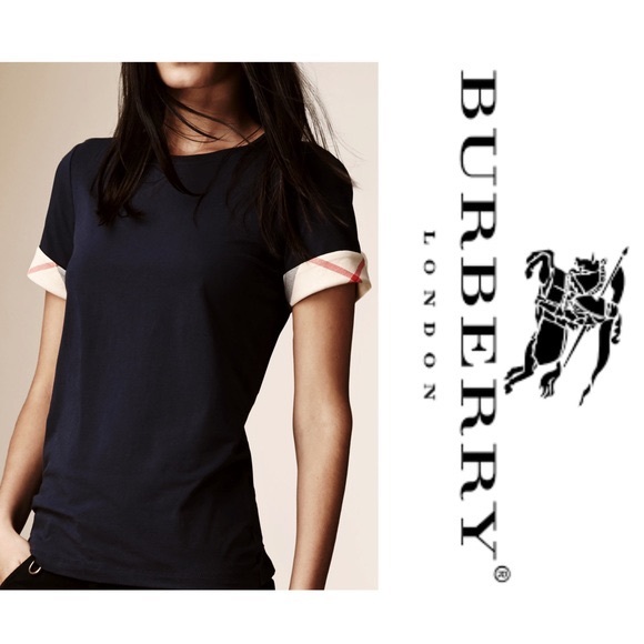 Burberry Tops - Burberry S Check Trim Rolled Cuff Black Short Sleeve Stretch Crew Tee T-Shirt